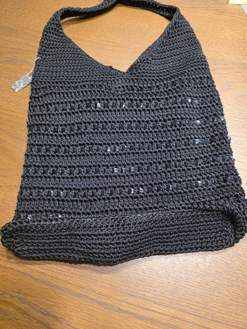 Y2K Lina Black Crochet Sequin Slouchy Hobo Shoulder Bag